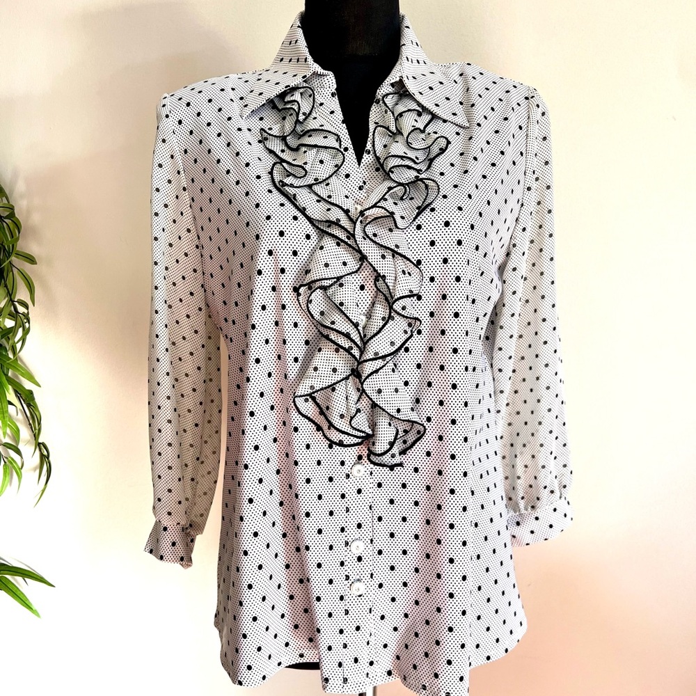 NWT Chic Ruffle Button Down Shirt - Black and White Polka Dots plus size